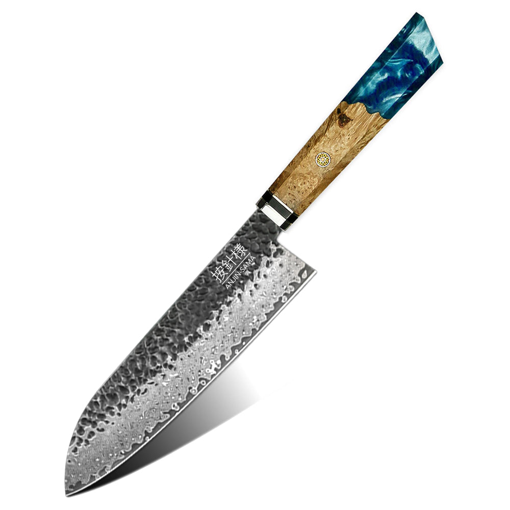 Anjin-Sama – Kurouchi Hammered Damascus- Santoku Chef Utensil – DMS-254F