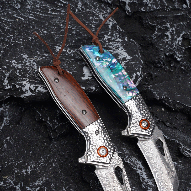 Koch Knives Handmade Hawkbill Stainless Steel Damascus Folding Knife KKJ257AB - Abelone Shell