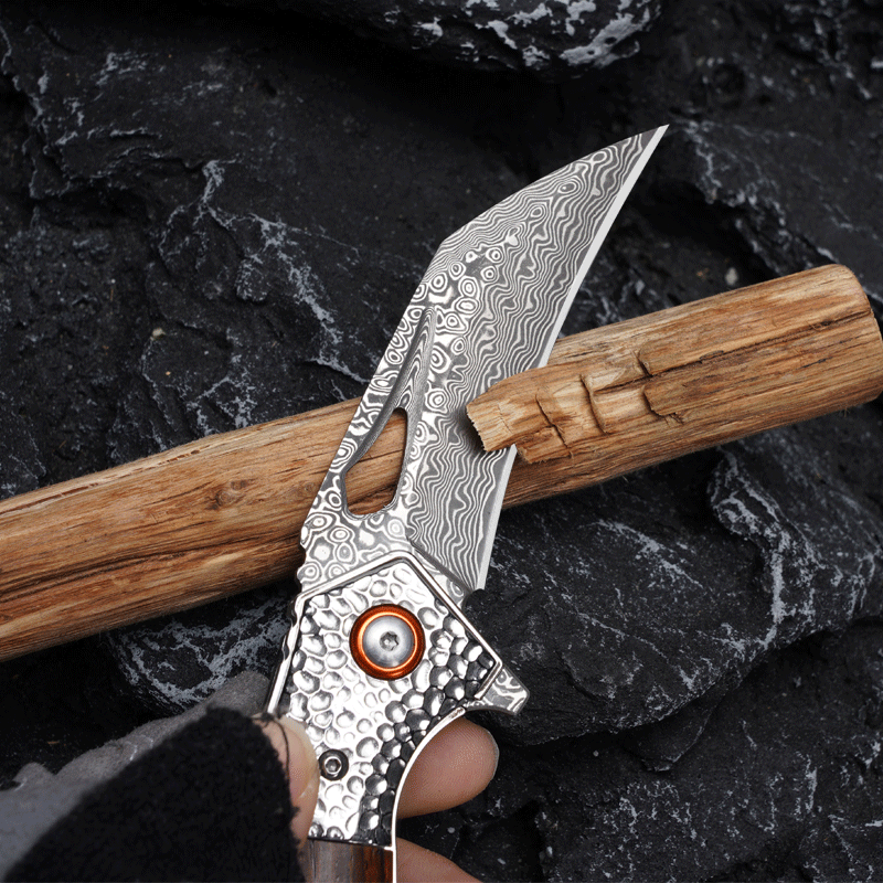 Koch Knives Handmade Hawkbill Stainless Steel Damascus Folding Knife KKJ257AB - Abelone Shell