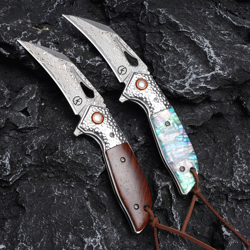 Koch Knives Handmade Hawkbill Stainless Steel Damascus Folding Knife KKJ257AB - Abelone Shell