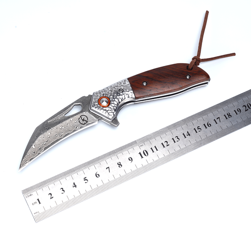 Koch Knives Handmade Hawkbill Stainless Steel Damascus Folding Knife KKJ257BR - Rosewood