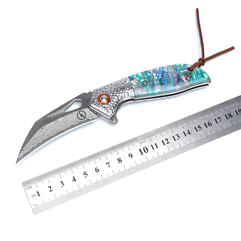 Koch Knives Handmade Hawkbill Stainless Steel Damascus Folding Knife KKJ257AB - Abelone Shell
