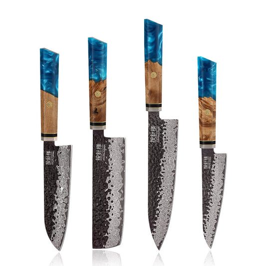 Anjin-Sama VG10 Kurouchi Hammered Damascus 4-Piece Knife Set – Resin &amp; Burlwood Edition