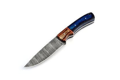 Koch Damascus Steel Hunter Knife with Leather Sheath - DHK-HUNBRM