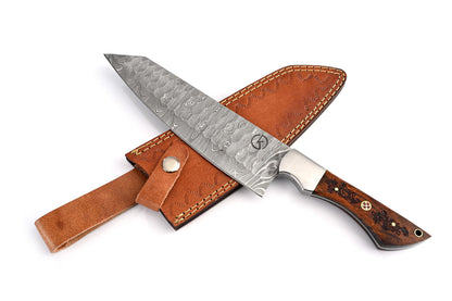 Damascus Steel Kiritsuke Chef's Knife with Leather Sheath - CK-DW1