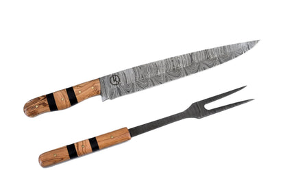 Koch Carbon Damascus Carving Set with Olive Wood Handles SCZ-702