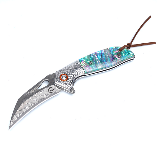 Koch Knives Handmade Hawkbill Stainless Steel Damascus Folding Knife KKJ257AB - Abelone Shell