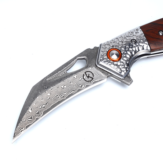 Koch Knives Handmade Hawkbill Stainless Steel Damascus Folding Knife KKJ257BR - Rosewood
